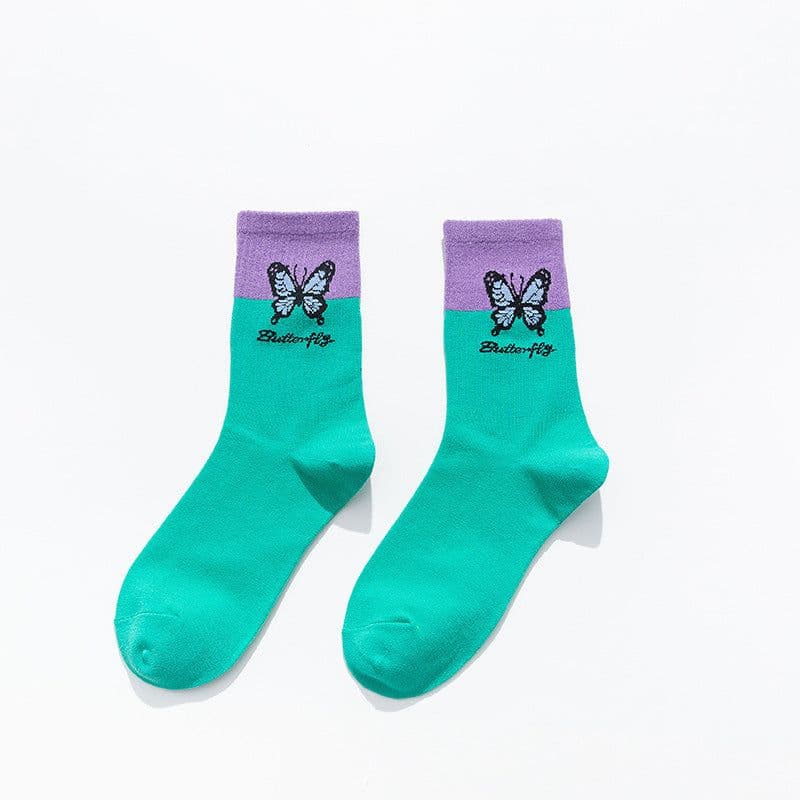 image-Butterfly Color Matching Socks, Tube Socks, Autumn And Winter Cotton Socks, Korean Style Socks, Student Stockings
