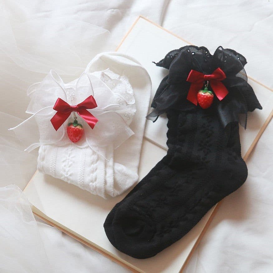 image-Japanese Strawberry Tube Socks Lolita Mesh Summer Cotton Socks Cute Girl Lace Socks