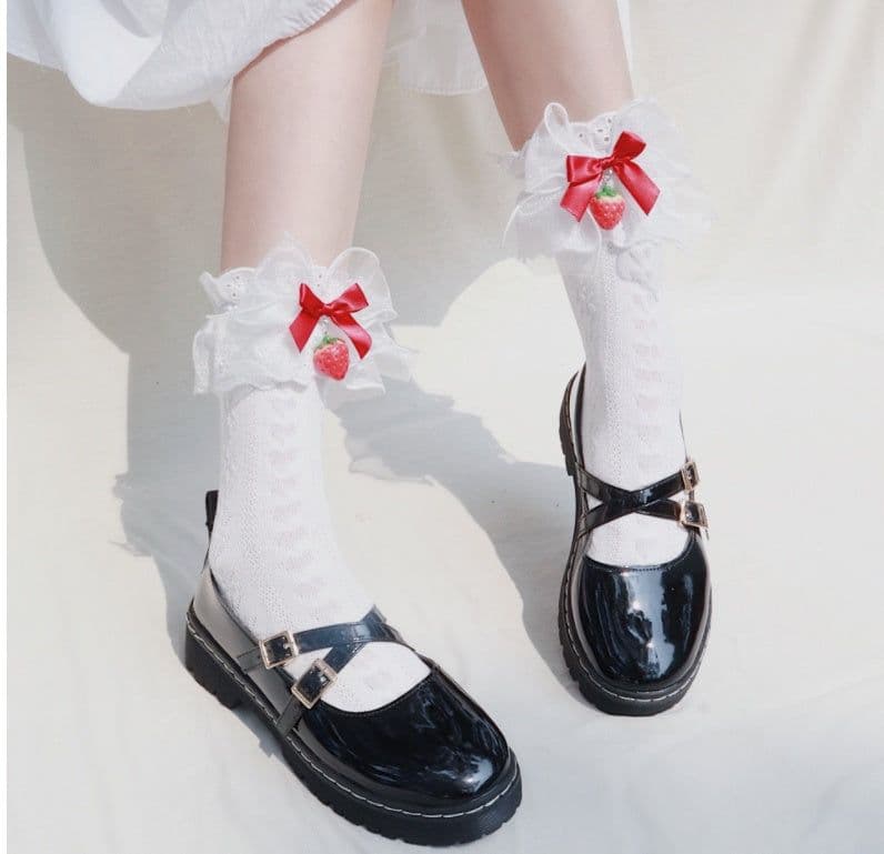 image-Japanese Strawberry Tube Socks Lolita Mesh Summer Cotton Socks Cute Girl Lace Socks