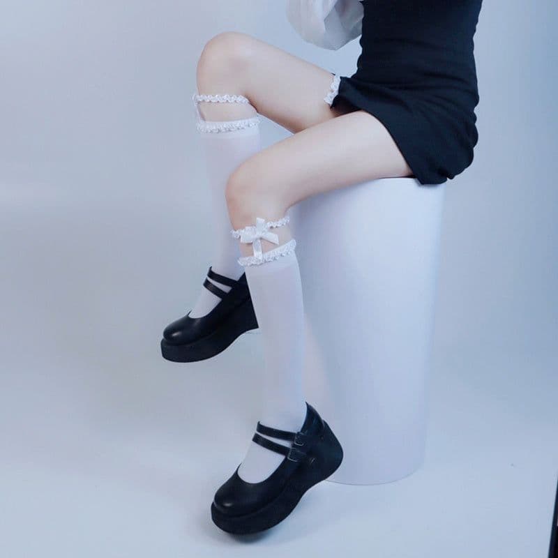 image-Lolita Lace Middle Tube Stockings Japanese Sweet Bowknot Satin Lace Long Tube Pile Stockings Jk Dark Wind