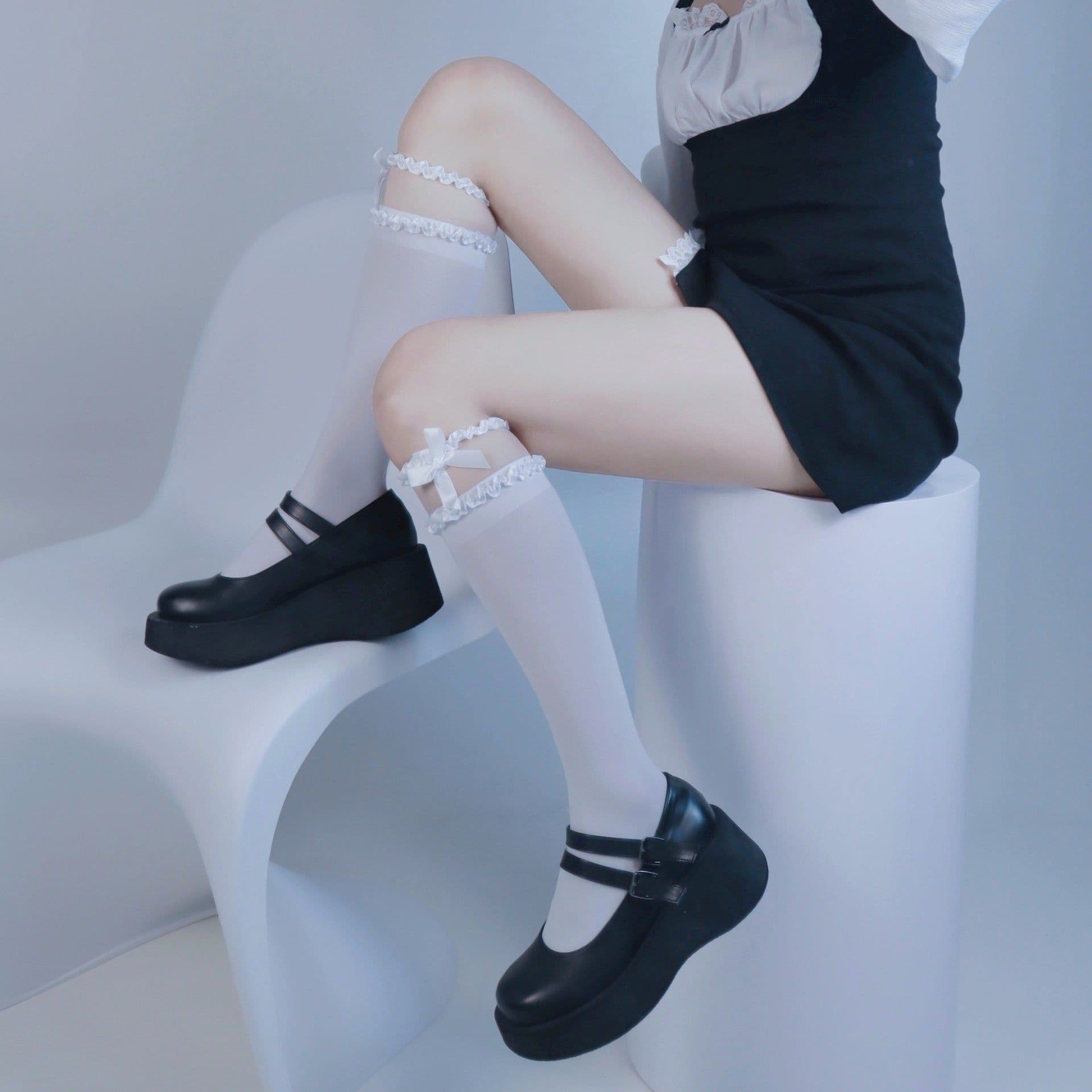 image-Lolita Lace Middle Tube Stockings Japanese Sweet Bowknot Satin Lace Long Tube Pile Stockings Jk Dark Wind