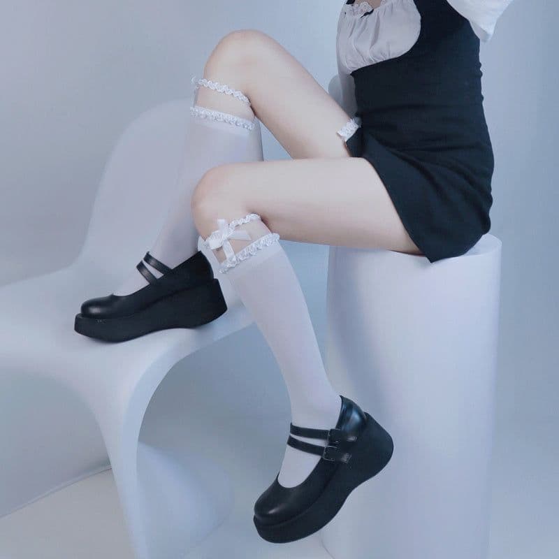 image-Lolita Lace Middle Tube Stockings Japanese Sweet Bowknot Satin Lace Long Tube Pile Stockings Jk Dark Wind