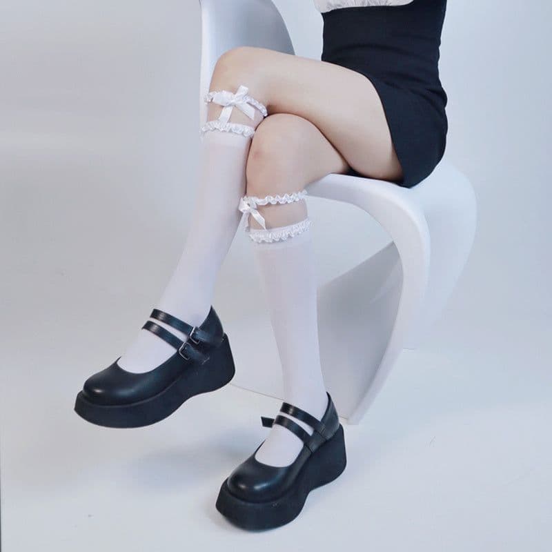 image-Lolita Lace Middle Tube Stockings Japanese Sweet Bowknot Satin Lace Long Tube Pile Stockings Jk Dark Wind