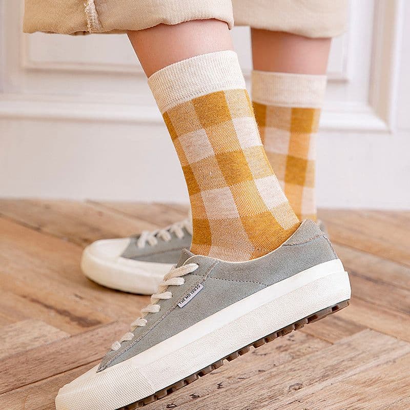 image-Blue Socks Women'S Pure Cotton Plaid Tube Socks
