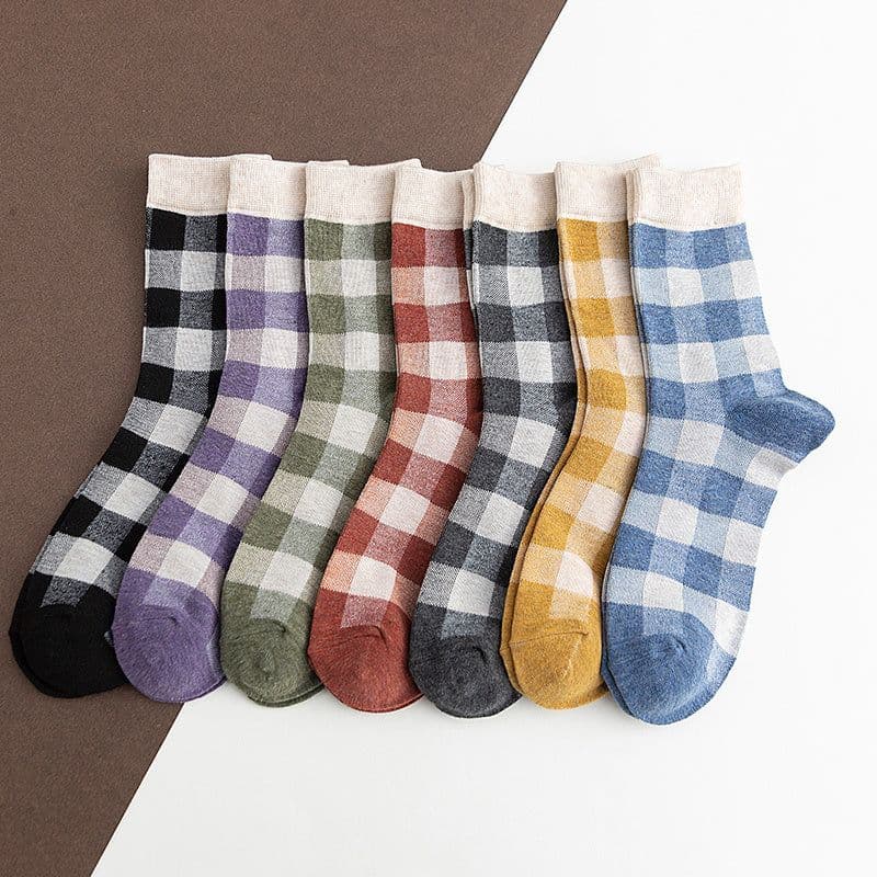 image-Blue Socks Women'S Pure Cotton Plaid Tube Socks