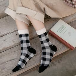 image-Blue Socks Women'S Pure Cotton Plaid Tube Socks