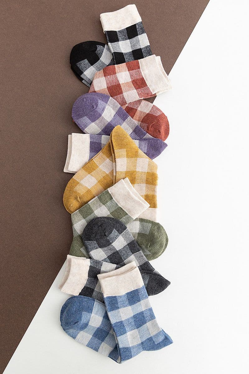 image-Blue Socks Women'S Pure Cotton Plaid Tube Socks