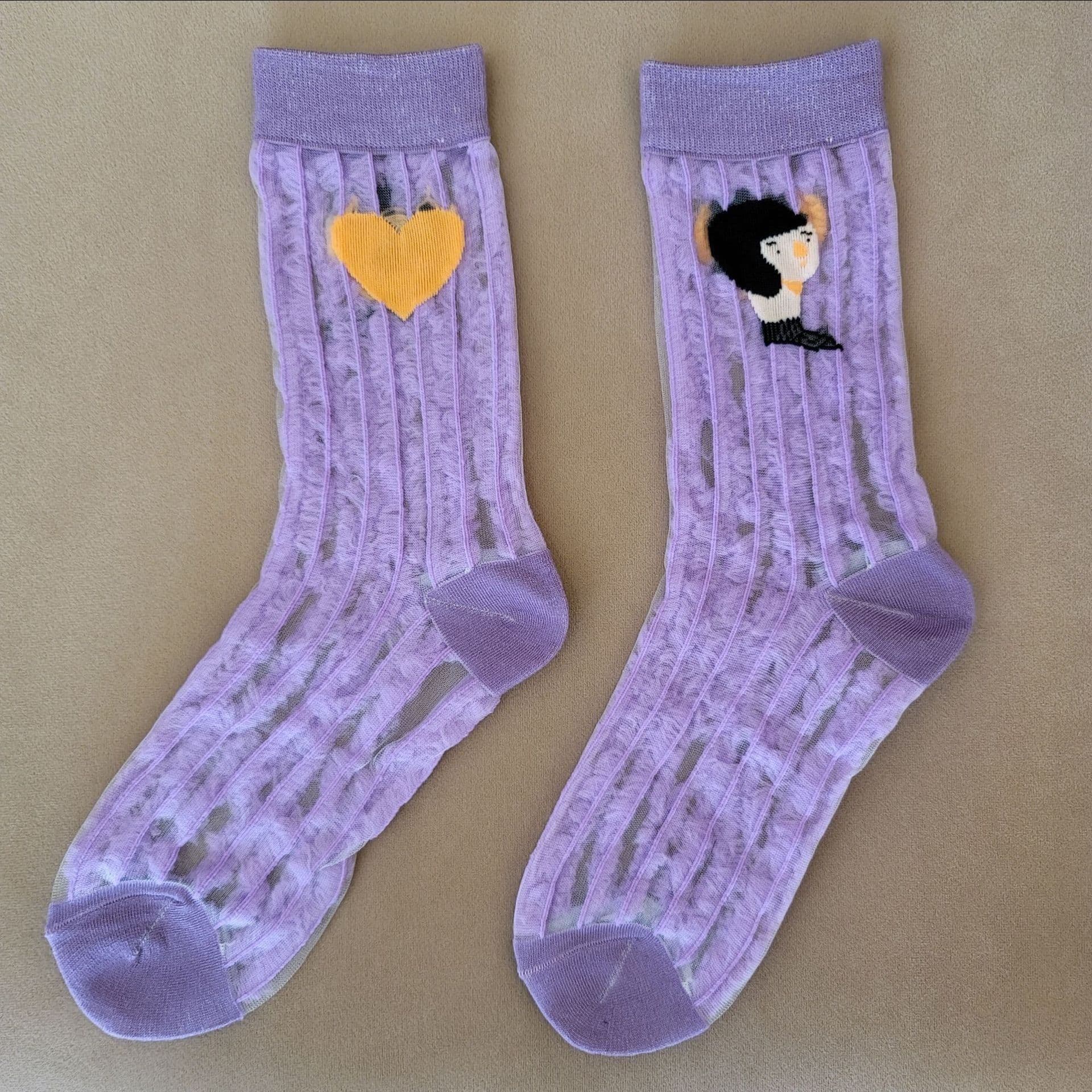 image-Socks Female New Cartoon Jacquard Korean Tube Socks Draw Thin Glass Stockings Cute Women Socks