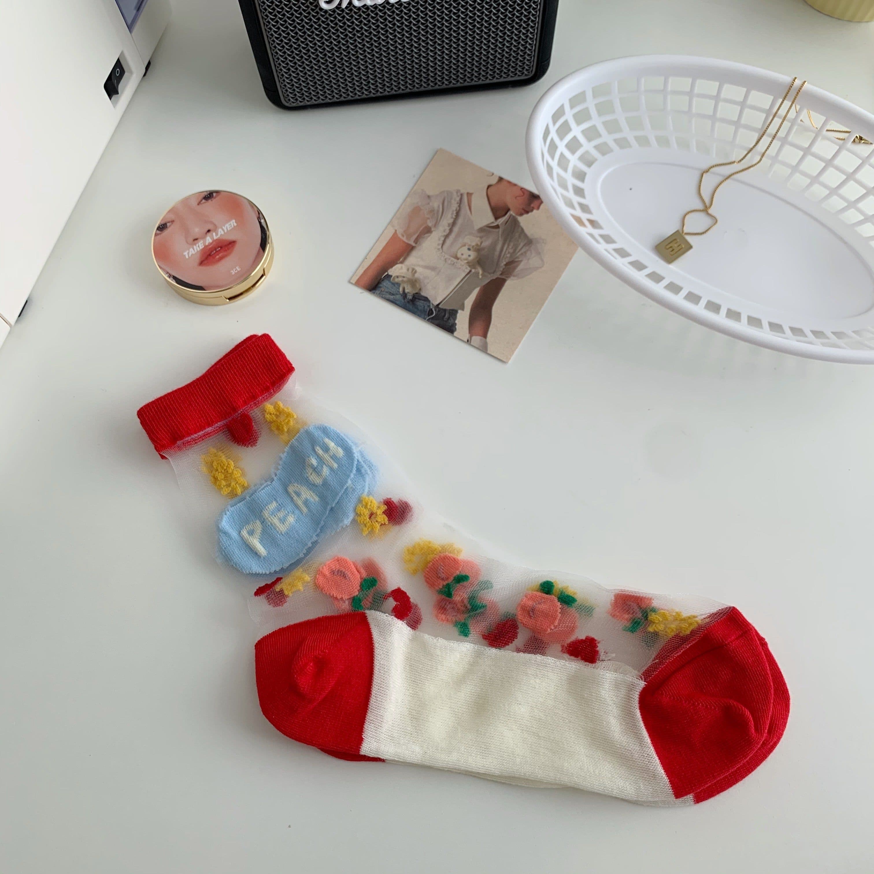 image-Strawberry Glass Silk Crystal Socks Japanese Thin Socks Women