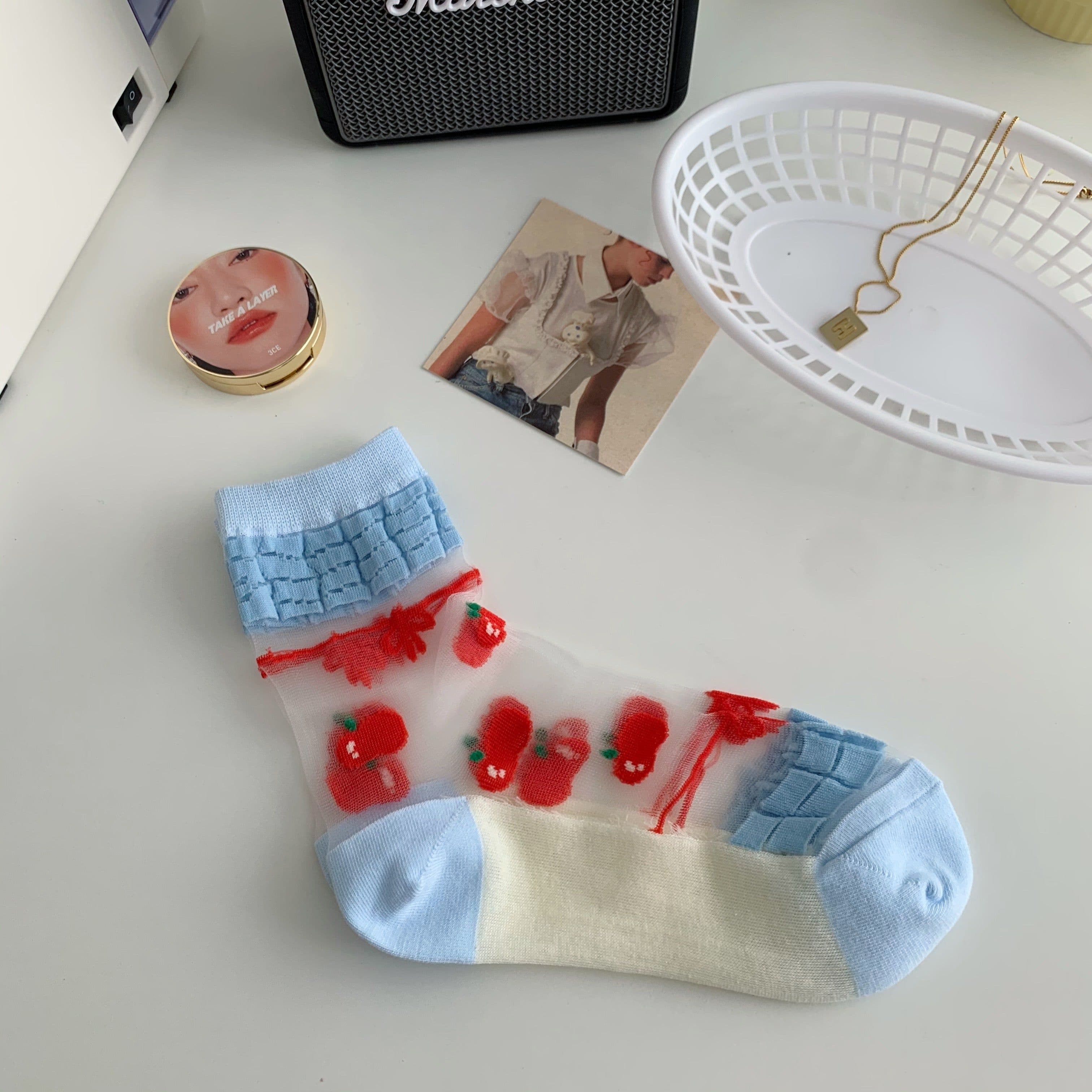 image-Strawberry Glass Silk Crystal Socks Japanese Thin Socks Women