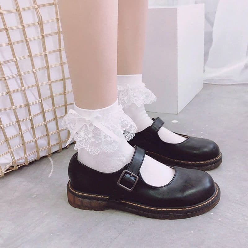 image-White Lace Socks, Lace Bow And Beaded Lolita Socks