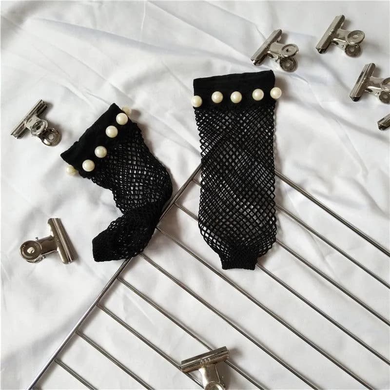 image-Hollow Cross Fishing Grid Socks Nails Pearl Socks Perspective