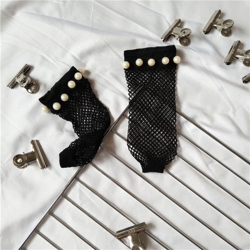 image-Hollow Cross Fishing Grid Socks Nails Pearl Socks Perspective