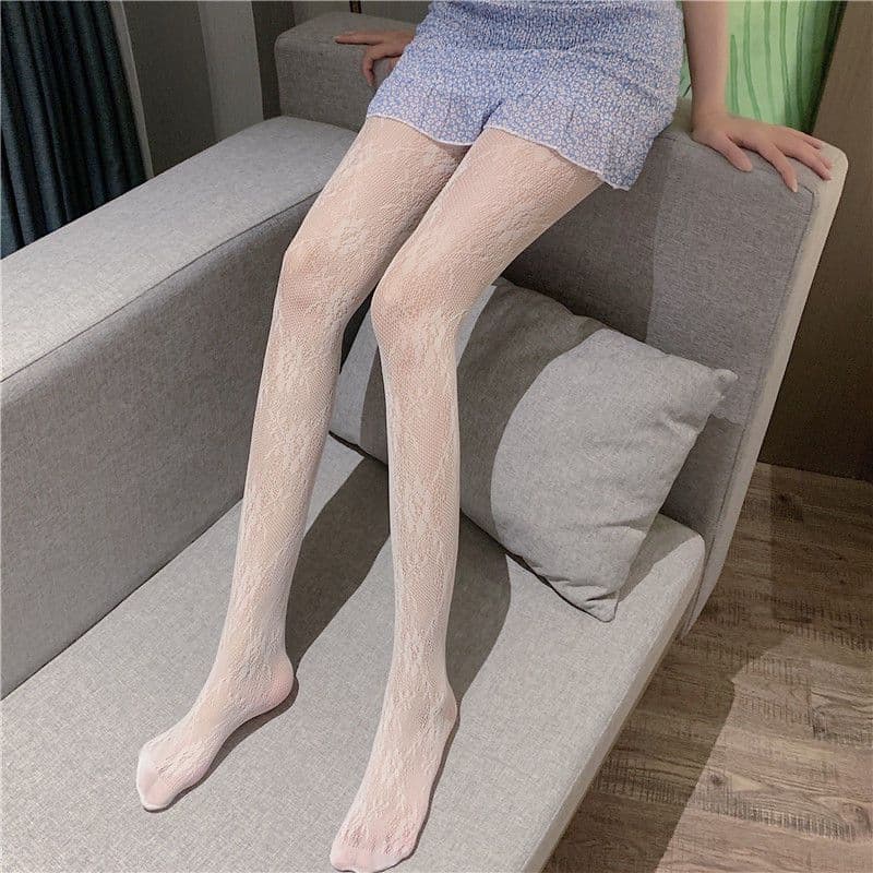 image-Japanese Lolita Retro Lace Soft Girl Pantyhose Sexy Hollow Net Stockings Ins White Silk Bottoming Stockings