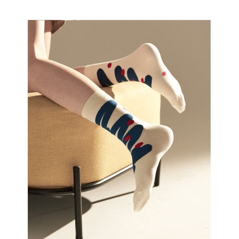 image-Socks Women's Tide Socks Ins Original Blue And White Curve Socks Letters Geometric Wild Socks Couple Socks Boneless Men's Socks