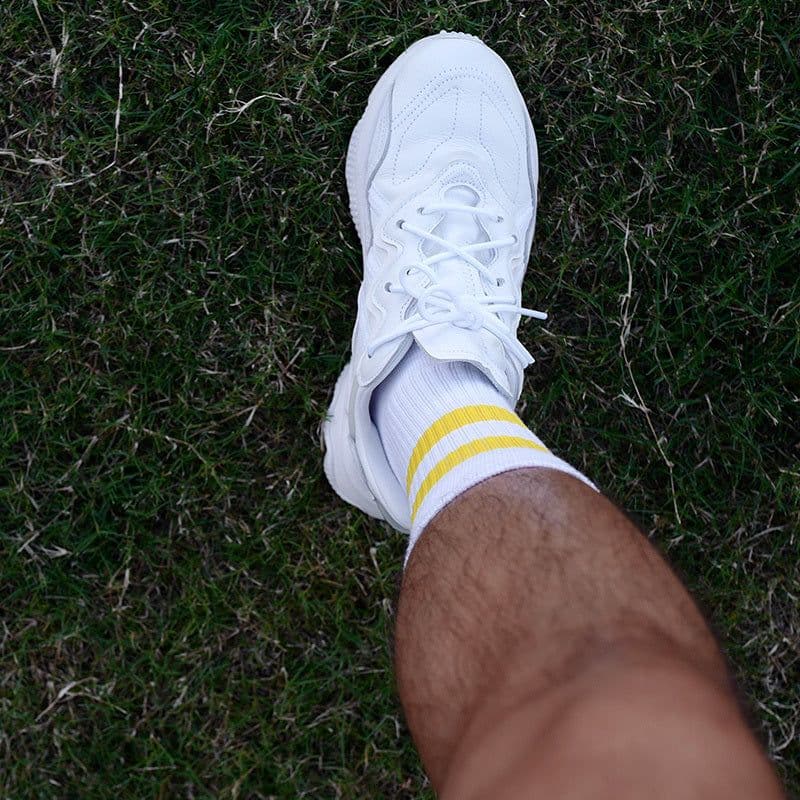 image-Socks Control White Yellow Stripes Two Bars Sports Socks Mid-high Fitness Cotton Socks