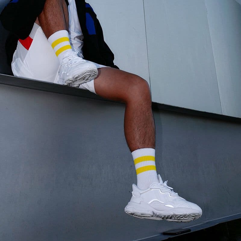 image-Socks Control White Yellow Stripes Two Bars Sports Socks Mid-high Fitness Cotton Socks