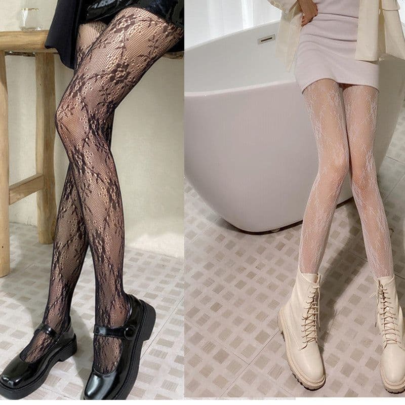 image-Japanese White Lace Bow Fishnet Stockings