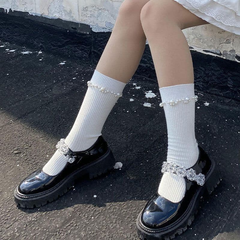 image-Black And White Pearl Socks Women's Tube Socks
