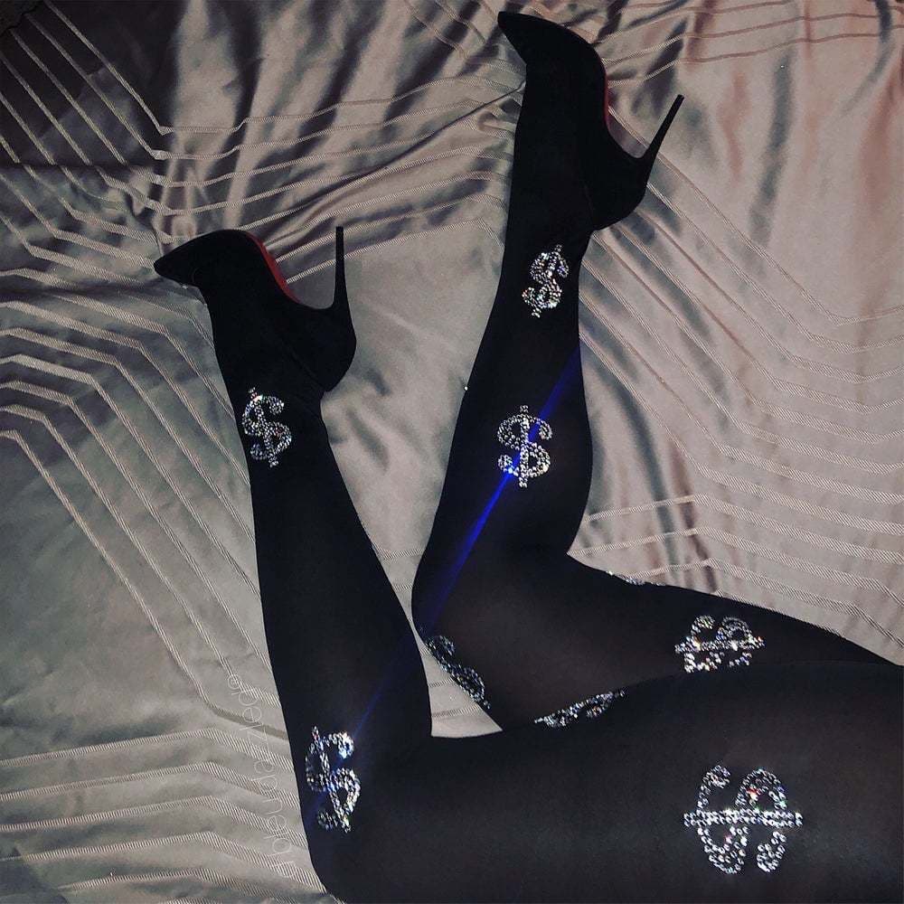 image-Autumn And Winter Thickened Hot Rhinestone Letters Rhinestone Black Stockings