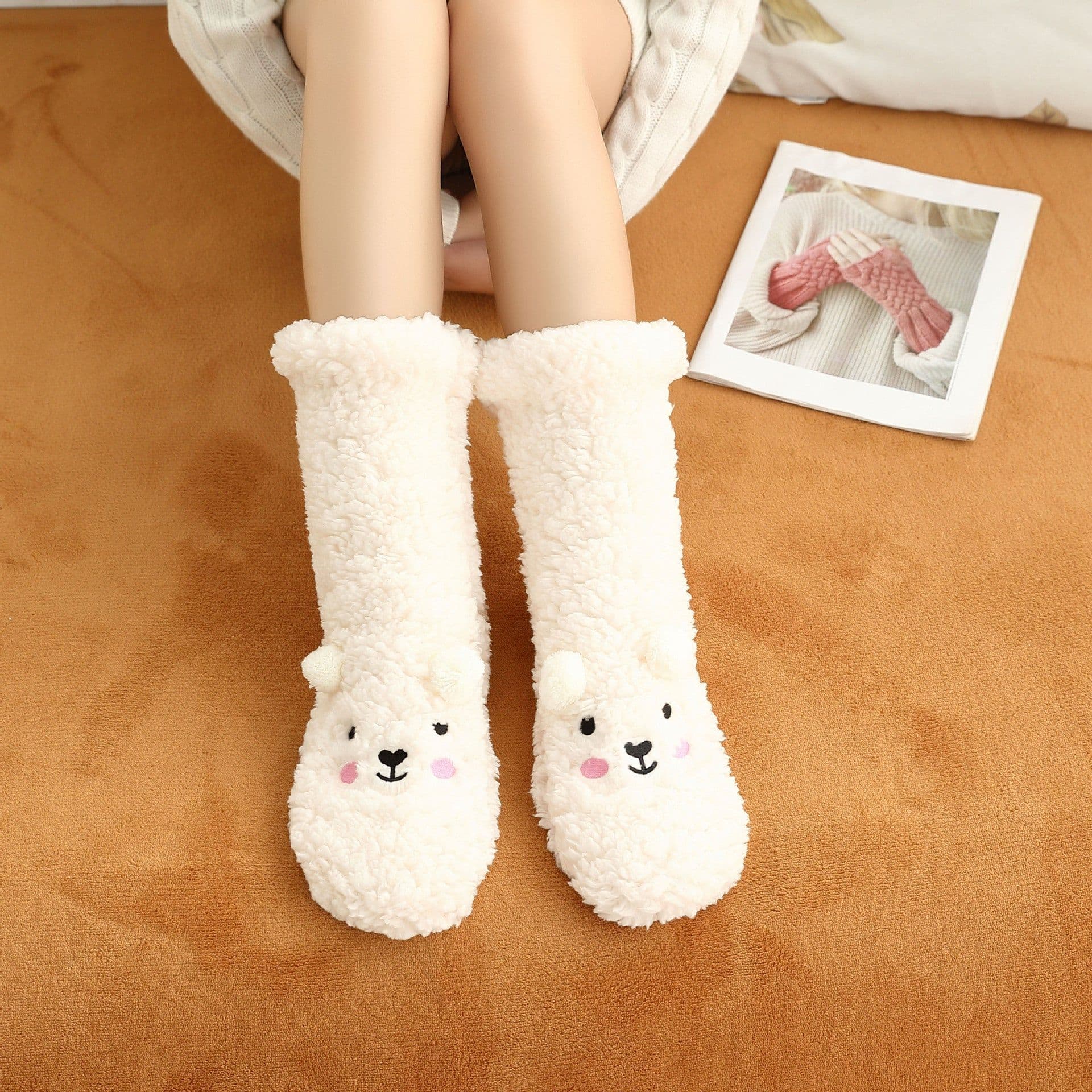 image-New Winter Female Floor Coral Thickening Plus Velvet Warm Home Sleep Confinement Christmas Socks Cute Kawaii Popsocket