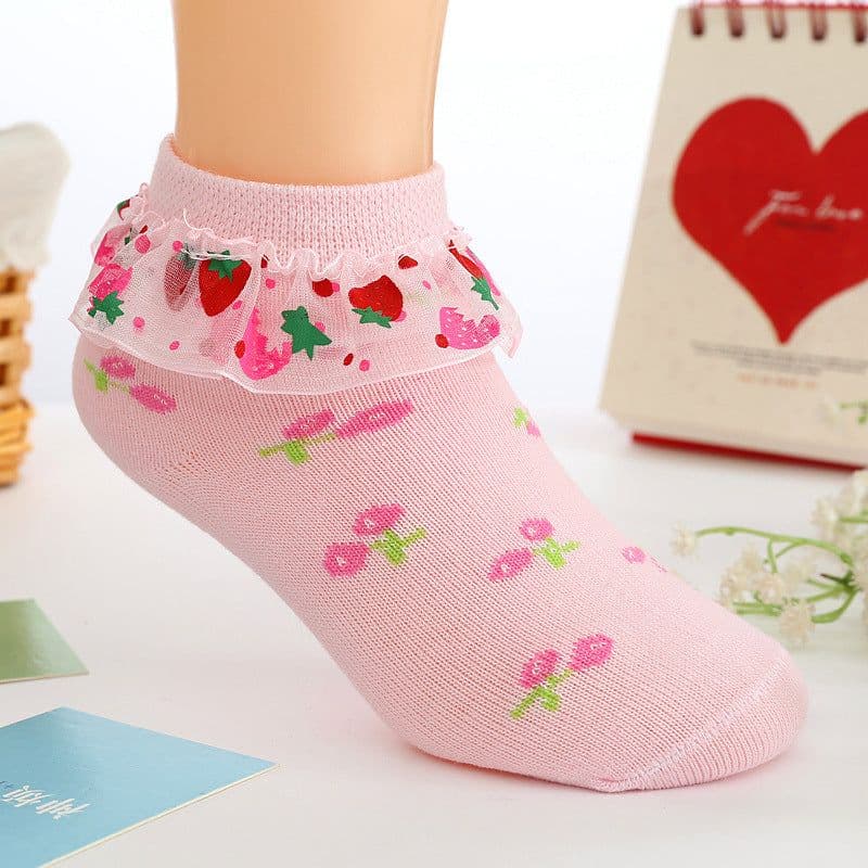 image-Strawberry Socks Girls Lace Socks Cotton Children