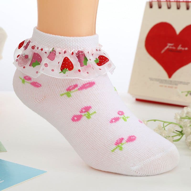 image-Strawberry Socks Girls Lace Socks Cotton Children