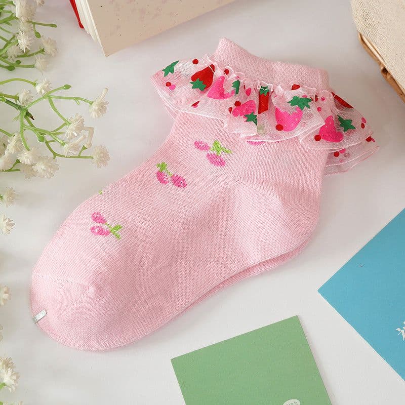 image-Strawberry Socks Girls Lace Socks Cotton Children