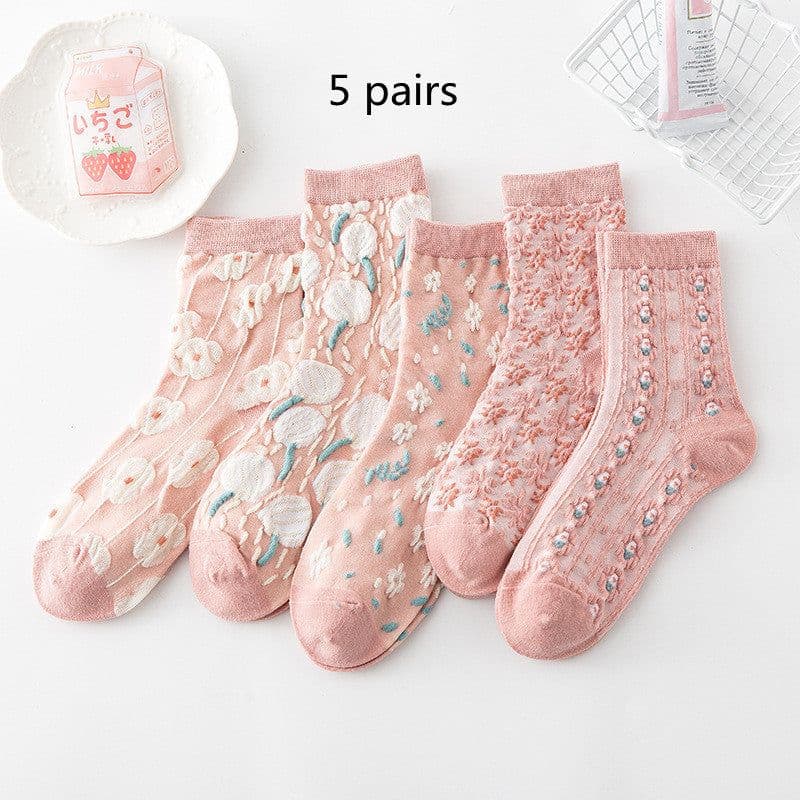image-Cotton Socks Embossed Three-dimensional Small Flower Socks