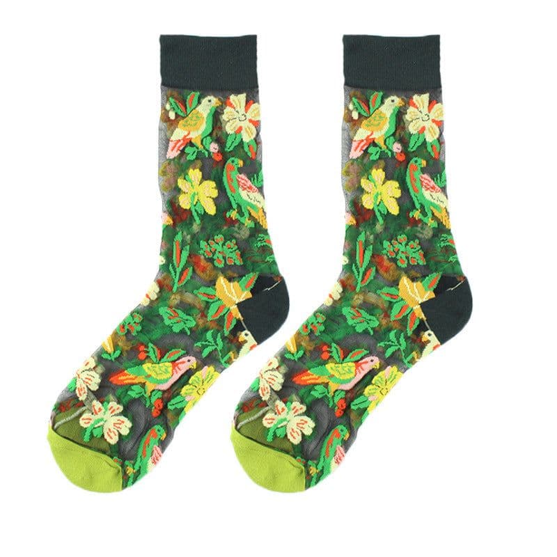 image-Thin Mid Tube Fashion Style Flower Forest Glass Stockings