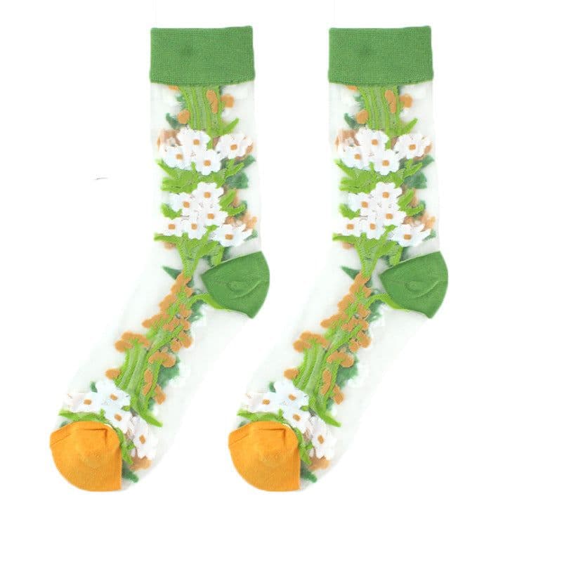 image-Thin Mid Tube Fashion Style Flower Forest Glass Stockings