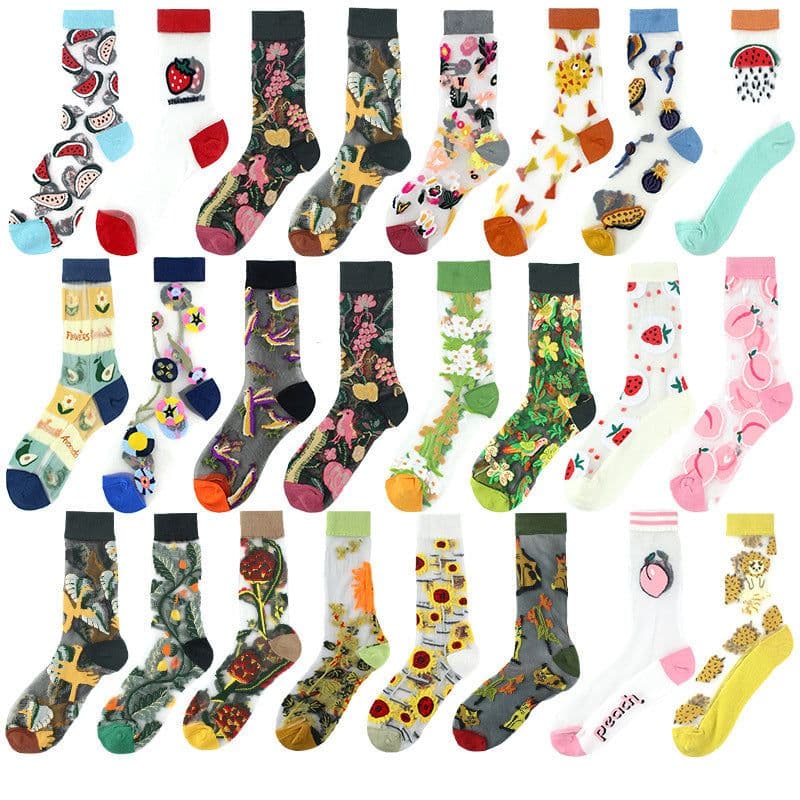 image-Thin Mid Tube Fashion Style Flower Forest Glass Stockings