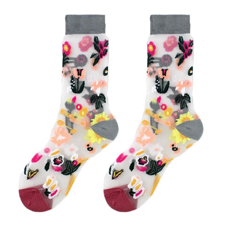 image-Thin Mid Tube Fashion Style Flower Forest Glass Stockings