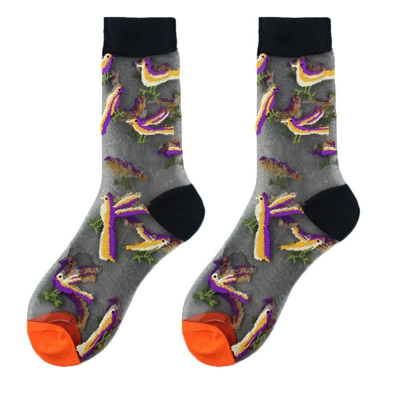 image-Thin Mid Tube Fashion Style Flower Forest Glass Stockings