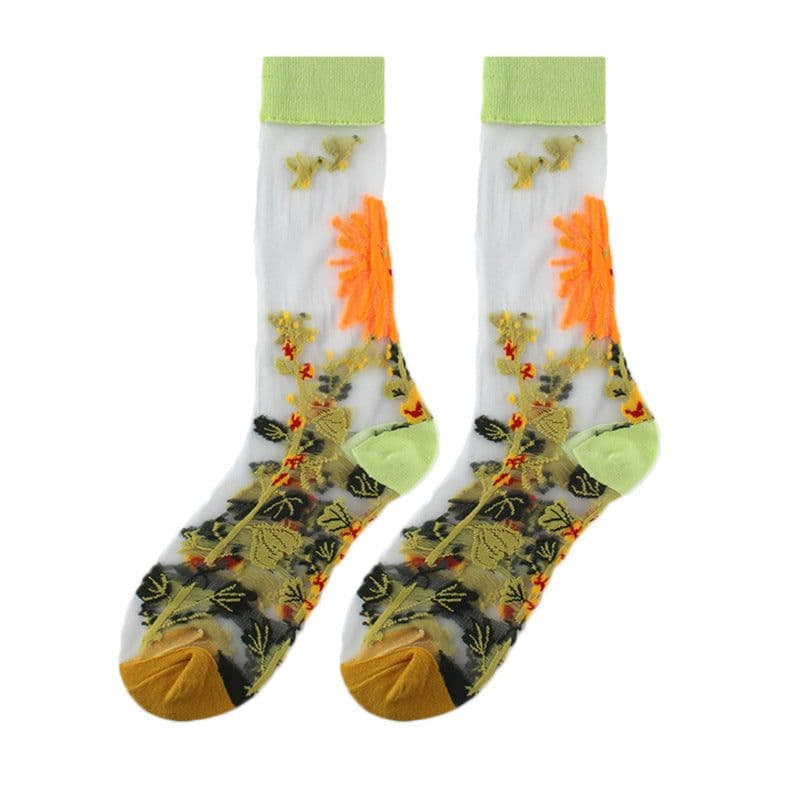image-Thin Mid Tube Fashion Style Flower Forest Glass Stockings