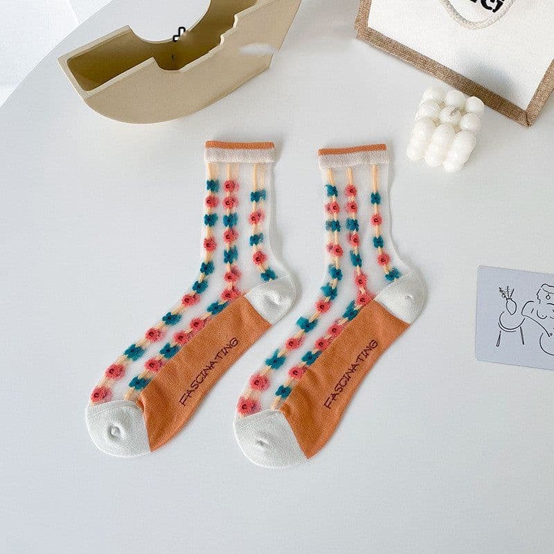 image-Small Flower Socks Breathable Glass Silk Ladies Cotton Socks