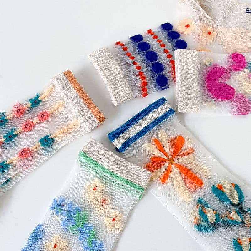 image-Small Flower Socks Breathable Glass Silk Ladies Cotton Socks