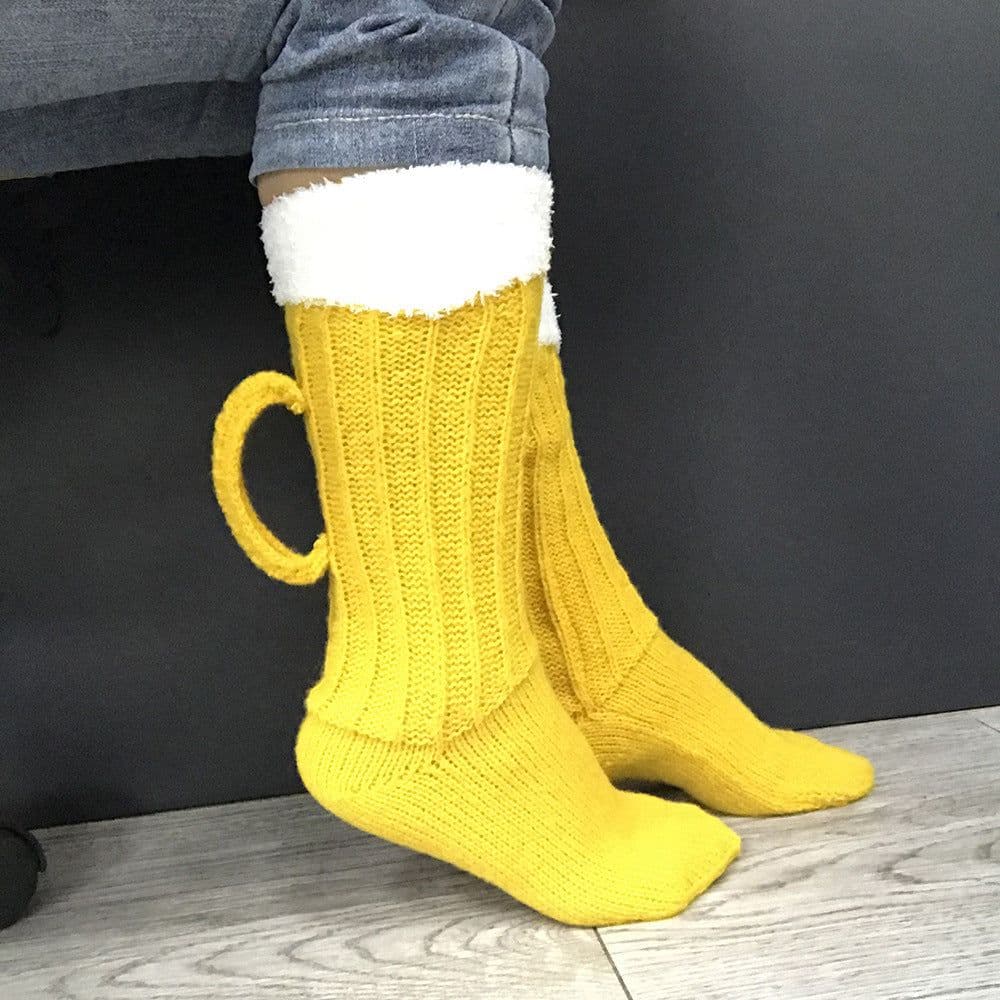 image-3D Beer Mug Socks Knit Long Tube Socks Cute Unisex Novelty Winter Warm Beer Socks Double Color Block Floor Socks