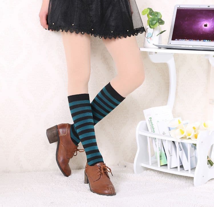 image-Japanese Women's Mid Tube Socks Pinstripe Knee Socks
