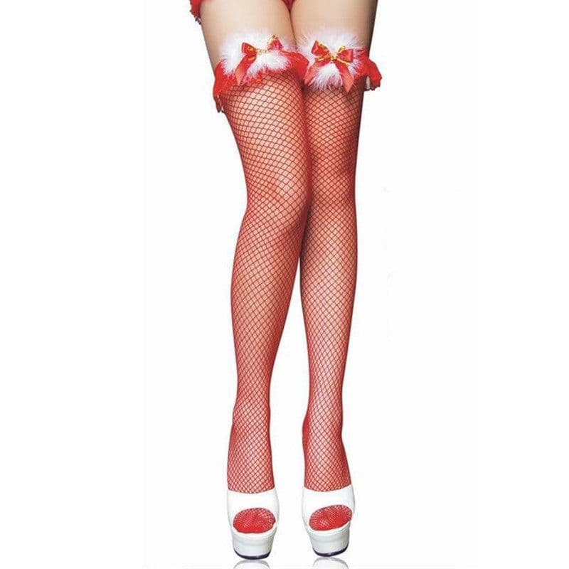 image-Red Yarn Edge Fishnet Long Tube Christmas Garter With Bells And Feathers