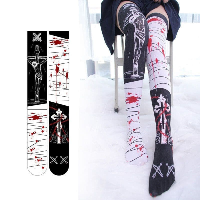 image-Anime Japanese Cartoon Knee Print Underpin Loli Girls' Medium Tube Stockings