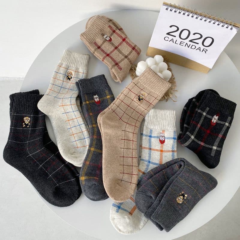 image-Women's Plush Warm Embroidered Bear Plaid Hose