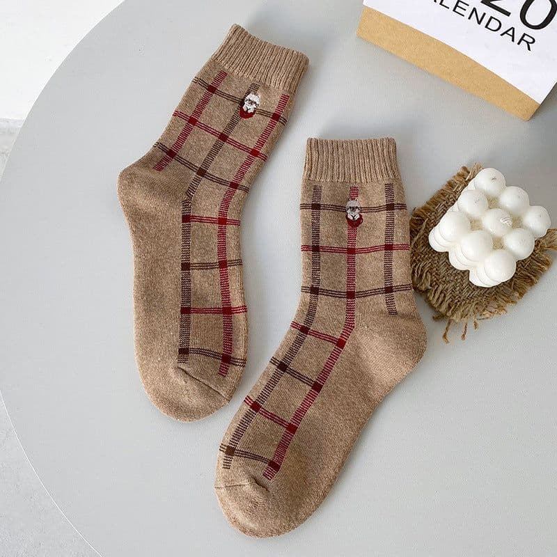 image-Women's Plush Warm Embroidered Bear Plaid Hose