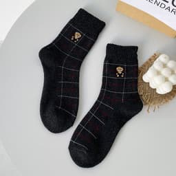 image-Women's Plush Warm Embroidered Bear Plaid Hose