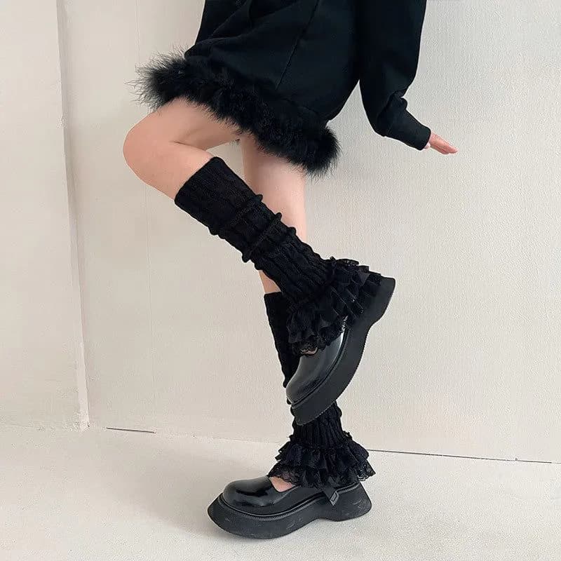 image-Women's Fashion Multi-layer Lace Twist Stripes Knitted Leg Warmers