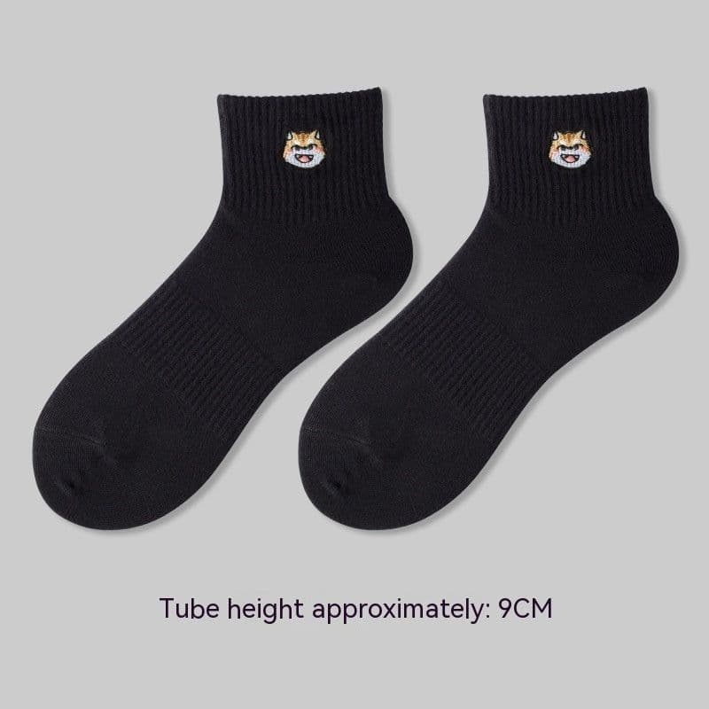 image-Men's Mid-calf Length Sock Embroidery Dogs And Cats Pure Color Cotton Sweat Absorption