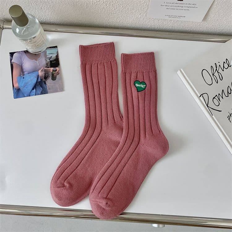 image-Love Embroidery Women's Mid Tube Stockings Fashion Preppy Style