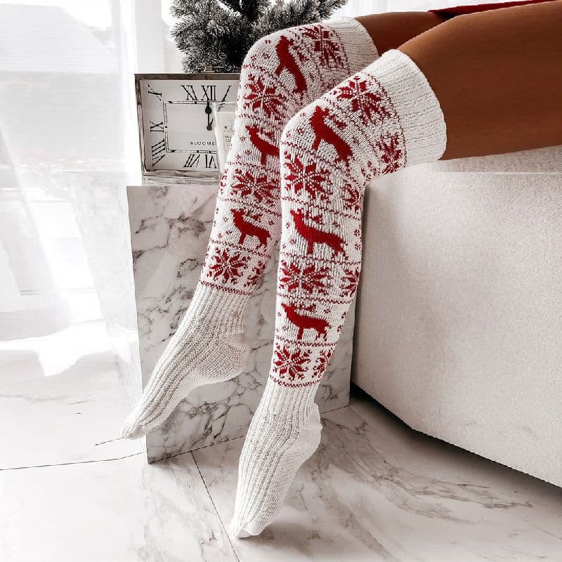 image-Winter Christmas Warm Knitted Women Stocking Beautiful Elk Snowflake Jacquard Over-the-knee Casual Long Socks For Ladies Gifts Free Size