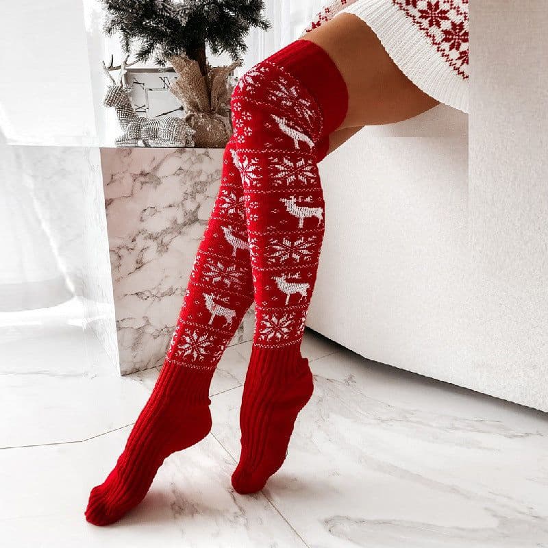 image-Winter Christmas Warm Knitted Women Stocking Beautiful Elk Snowflake Jacquard Over-the-knee Casual Long Socks For Ladies Gifts Free Size
