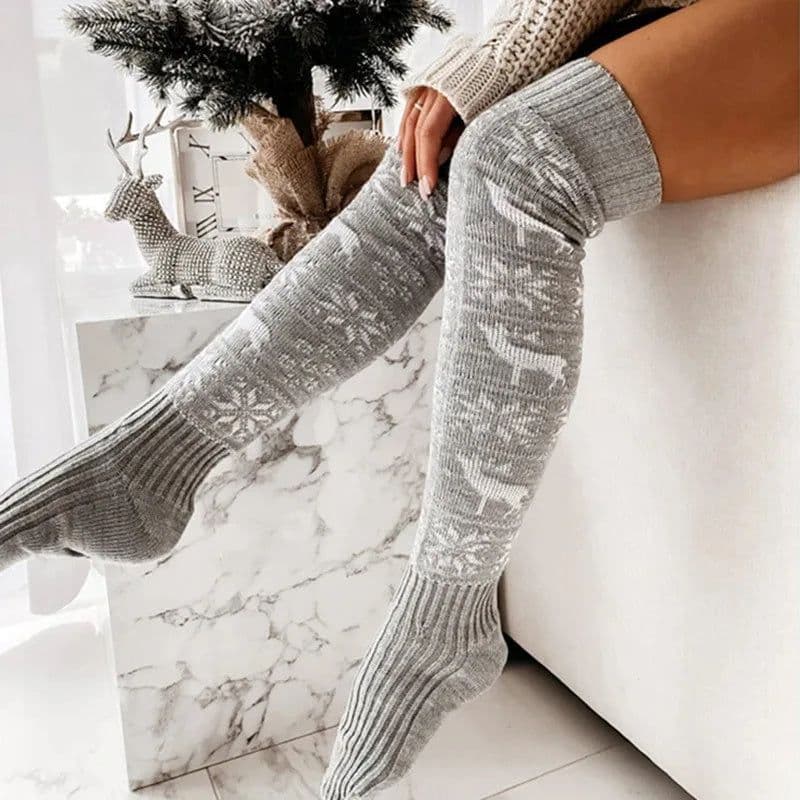 image-Winter Christmas Warm Knitted Women Stocking Beautiful Elk Snowflake Jacquard Over-the-knee Casual Long Socks For Ladies Gifts Free Size